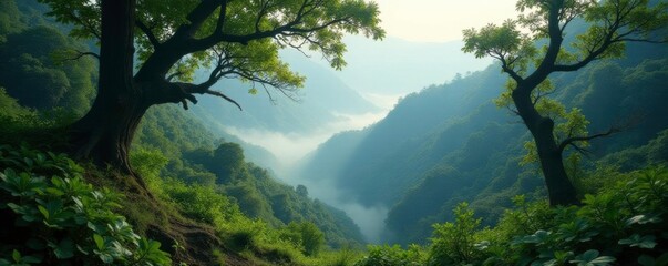 Dense foliage and gnarled branches in misty morning, valley, foliage