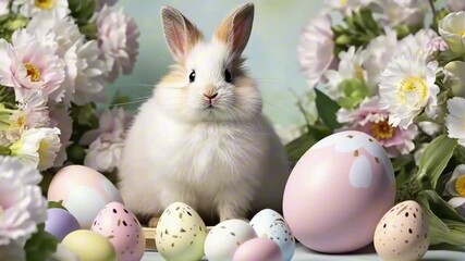 Easter background. Fluffy cute bunny, painted Easter eggs, spring flowers. Festive composition, funny Easter card with animal. Delicate pastel colors.