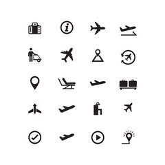 transport and travel airline plane bus map location icon set silhouette vector flat design illustrations