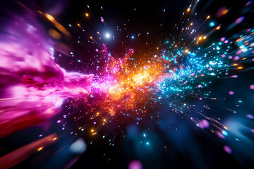 Fototapeta premium Galactic Fireworks – A stunning representation of a supernova resembling a cosmic fireworks display, with fiery red, electric blue, and emerald green colors exploding outward in vibrant patterns