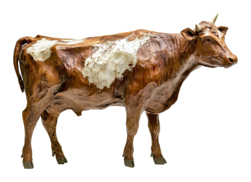 Life-sized sculpture of a brown and white cow, cut out - stock png.