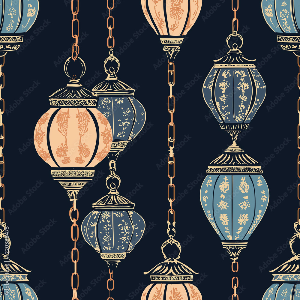 Poster colorful lanterns hang in an ornate pattern against a dark background, creating a vibrant design.