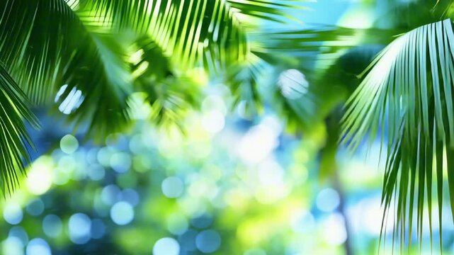 Tropical summer background. Green palm leaves on blue sky background. Trendy Balinese Botanical pattern, concept of rest, vacation, sun light and shadows