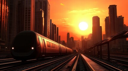Fototapeta premium clean energy renewable marketing concept. Train passing through a vibrant cityscape at sunset with skyscrapers and railway tracks.