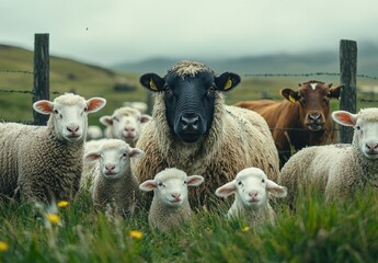 Obraz premium A Group of Sheep and a Black-Faced Sheep Standing Together in a Green Pasture Under a Cloudy Sky, Highlighting the Beauty of Rural Livestock Farming