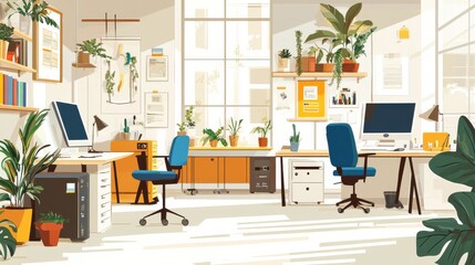 Bright and modern office workspace filled with plants, showcasing productivity and creativity