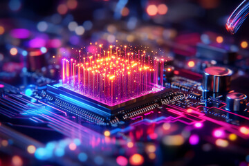 Obraz premium High-tech iridescent blueprint of a quantum computing system, featuring radiant qubits and intricate interconnections pulsing with light, symbolizing futuristic technology and innovation