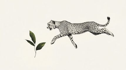 Minimalist Black-and-White Cheetah Mid-Pounce with Green Leaf Symbolizing the Balance of Nature's Power and Serenity