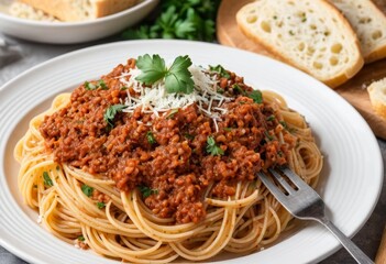 Delicious Spaghetti with Meat Sauce, Parmesan Cheese, and Fresh Parsley