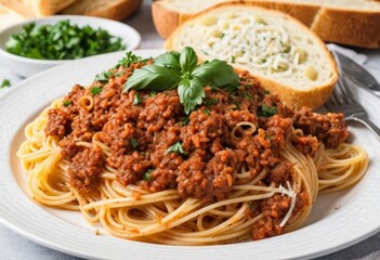 Delicious Spaghetti Bolognese with Fresh Basil and Garlic Bread