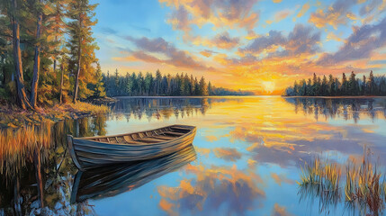 Obraz premium A calm lakeside view, tranquil water reflecting the sky and surrounding pines, a small wooden boat docked near the shore