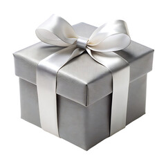 Fototapeta premium Elegant Silver Gift Box with White Ribbon Bow Present New Year Wrap Image Party Shiny 