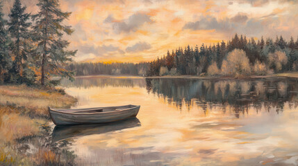 A calm lakeside view, tranquil water reflecting the sky and surrounding pines, a small wooden boat docked near the shore