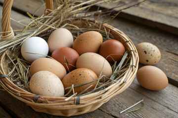 Fresh eggs in the basket placed on the wooden floor