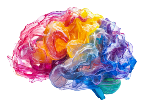 Vibrant brain model shows creativity, cut out - stock png.