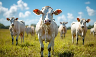 Obraz premium A Herd of White Cows Grazing in a Lush Green Pasture Under a Bright Blue Sky with Fluffy Clouds, Capturing Rural Life and Farm Animals in Harmony with Nature