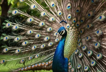 Fototapeta premium Majestic Peacock Displaying its Vibrant Train of Feathers with Intricate 