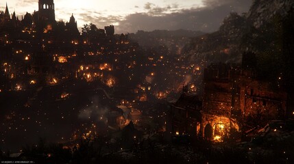 Fototapeta premium Hillside medieval town burning, night, game backdrop