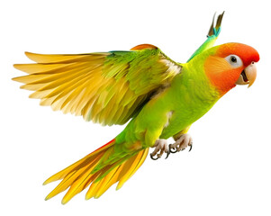 Fototapeta premium Colorful parrot soaring through the air, cut out - stock png.
