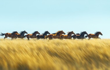 Obraz premium A herd of wild horses galloping across a sunlit golden field, capturing the essence of freedom and the beauty of nature in a vibrant landscape scene.