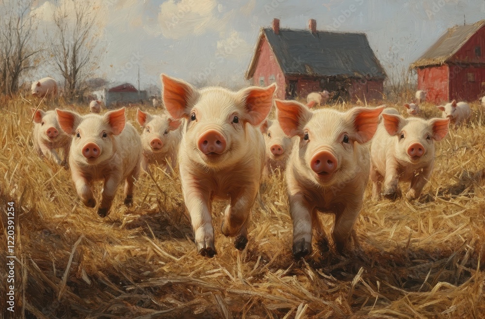 Poster a lively group of playful piglets running toward the camera in a scenic countryside setting with red