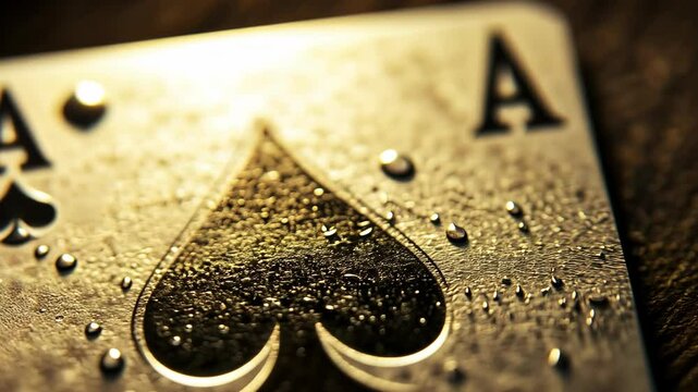 Shiny spade ace card laying on a wet surface reflecting light in a moody setting