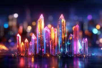 Crystal Soundwave Shards: A dynamic visualization of fractured soundwaves transforming into vibrant, glowing crystal-like shards, radiating colorful light to symbolize clarity and sharpness of sound