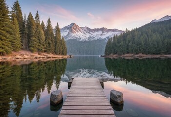 Serene Sunset over Mountain Lake with Wooden Dock and Pristine Reflection
