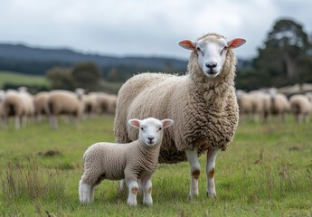 Obraz premium A Mother Sheep and Her Lamb Standing Together in a Green Pasture Surrounded by a Scenic Rural Landscape Under a Cloudy Sky