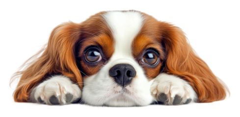 Cute dog resting with big expressive eyes, cut out - stock png.