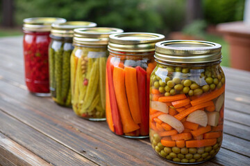 Pickled vegetables, pickled cucumbers, pickled carrots, pickled green peas in glass jars.
