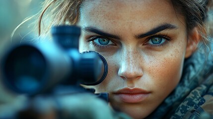 A determined female sniper focuses intently through her rifle scope, her piercing blue eyes filled with intensity and precision, embodying strength, focus, and resilience