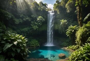 Sunbeams Illuminate Lush Jungle Waterfall Cascading into Vibrant Blue Pool