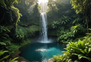 Sunbeams Illuminate Lush Rainforest Waterfall Cascading into Emerald Pool