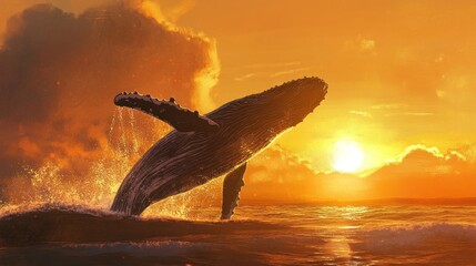 Fototapeta premium Majestic Humpback Whale Breaching at Sunset