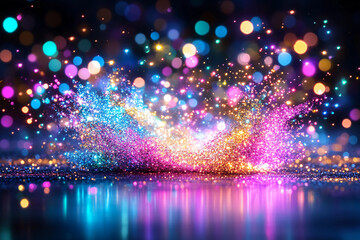 Fototapeta premium Iridescent Glitter Dust on a Black Background, Sparkling Rainbow Colors with a Mystical Effect, Fine Glitter Shimmering Light Reflection on Dark Surface