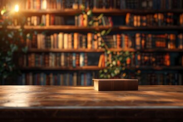 Warmly Lit Library Scene with Open Book and Bookshelves in Background