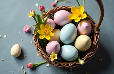 Easter eggs in a basket with spring flowers on a gray background, holiday card, top view