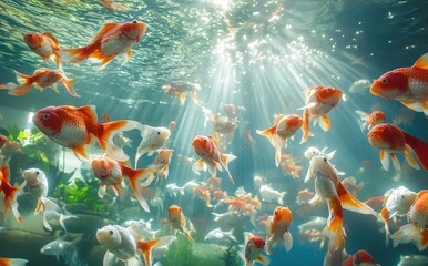 A Serene Underwater Scene Featuring Colorful Goldfish Swimming Gracefully in Crystal Clear Water Illuminated by Soft Rays of Light Creating a Dreamy Atmosphere