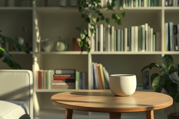 Fototapeta premium Cozy Living Room Scene with Plant, Bookshelf, and Decorative Pot