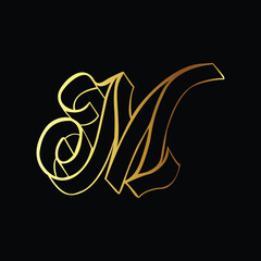Elegant Golden Letter M Calligraphy on Black Background