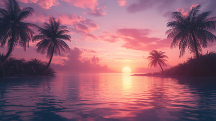Obraz premium Serene Pink Sunset over Tropical Ocean with Palm Trees