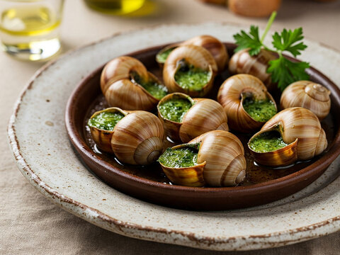 A plate of escargot, a traditional French dish made with snails cooked in garlic butter and herbs. The snails are nestled in their shells and arranged on a bed of parsley.