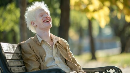 An albino man in casual attire, laughing and sitting on a park bench.