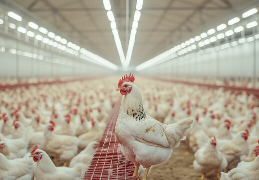 A Vibrant Scene of Healthy Chickens Inside a Modern Poultry Farm with Ample Space and Bright Lighting, Showcasing Free-range Farming Techniques for Sustainable Agriculture