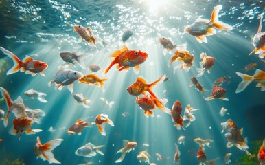 A Vibrant Underwater Scene Featuring Graceful Goldfish Swimming in Sunlit Waters with Rays of Light Creating a Magical Atmosphere and Cheerful Colors