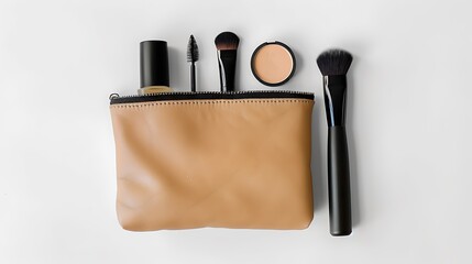 A minimalistic makeup pouch containing essential items like mascara, foundation, and concealer, photographed on white.