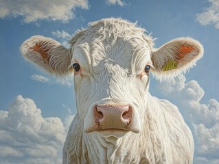 Adorable close-up of a white calf with fluffy fur and bright blue sky background, conveying innocence and charm in rural life