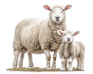 Fototapeta premium Adorable domestic sheep and their fluffy lamb standing together on a bed of straw, showcasing the beauty of farm animals in a natural setting with soft wool texture.