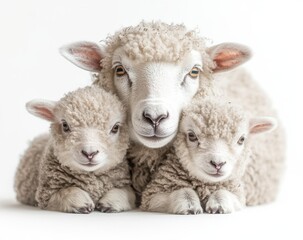 Adorable family of sheep featuring a mother sheep cuddling her two fluffy lambs against a clean white background, showcasing the warmth of animal bonds and nurturing love.
